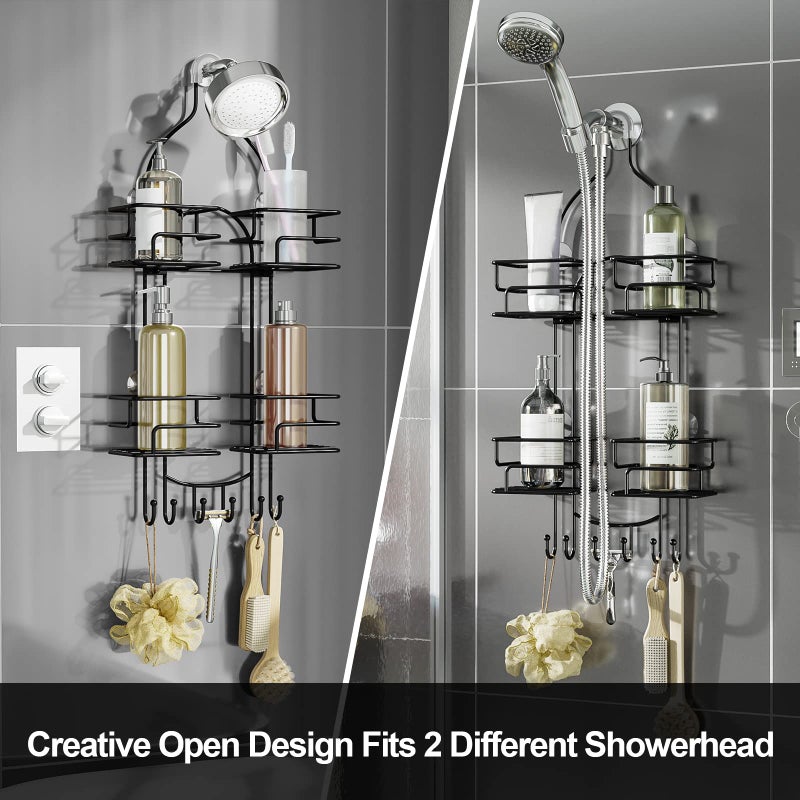SRIWATANA Shower Caddy Hanging Over Head, Bathroom Shower Organizer Shower Rack Holder with Hooks for Razors - Black - Image 2